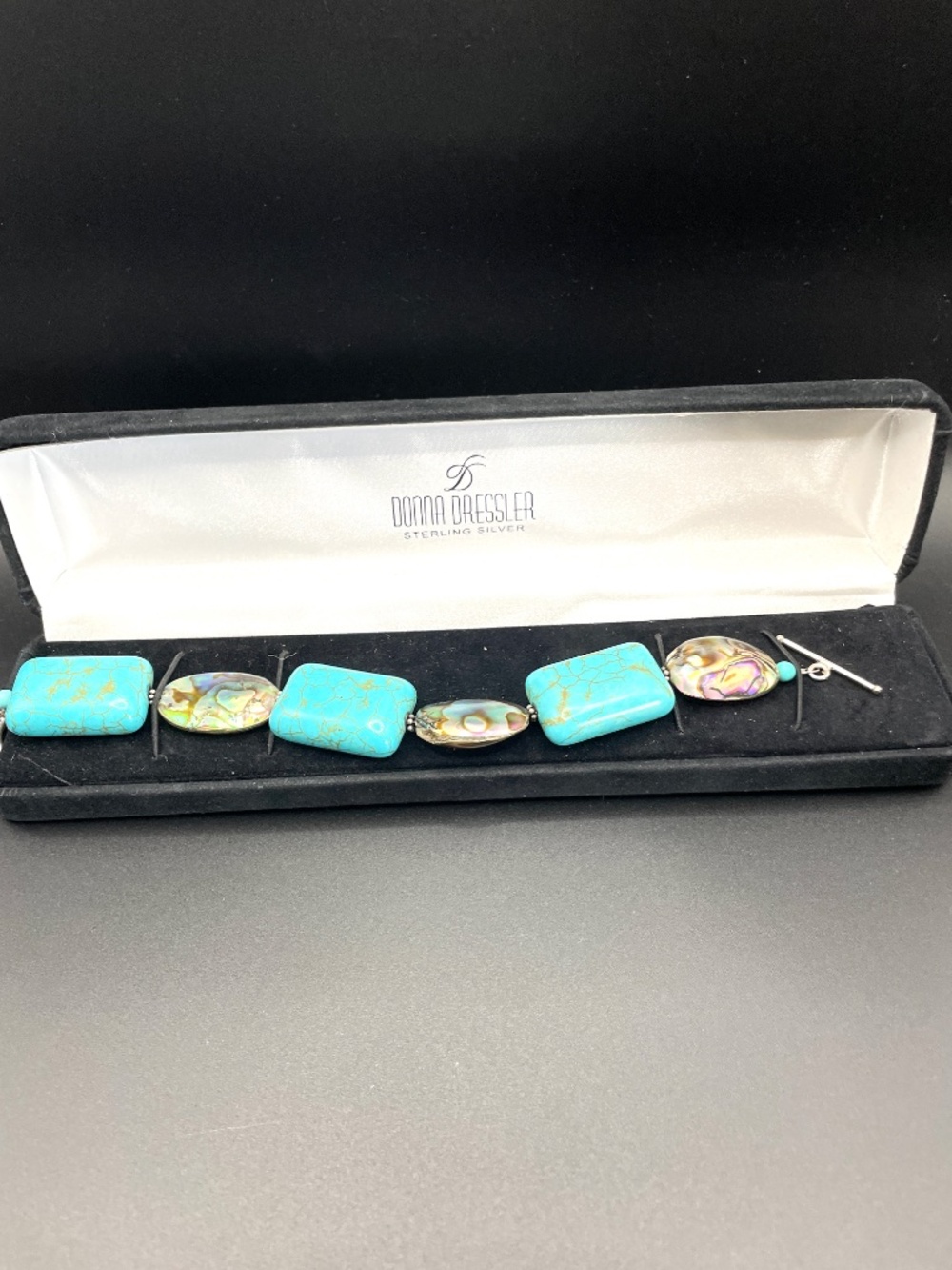 Donna Dressler Sterling Silver Faux Turquoise Abalone Link Bracelet